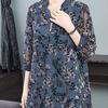 Vintage Elegant Printed Chic Hollow Out Chiffon Midi Blouse Female Clothing Spring Summer 3/4 Sleeve Casual Button V-Neck Shirt