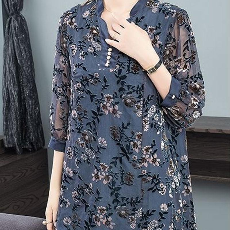 Vintage Elegant Printed Chic Hollow Out Chiffon Midi Blouse Female Clothing Spring Summer 3/4 Sleeve Casual Button V-Neck Shirt