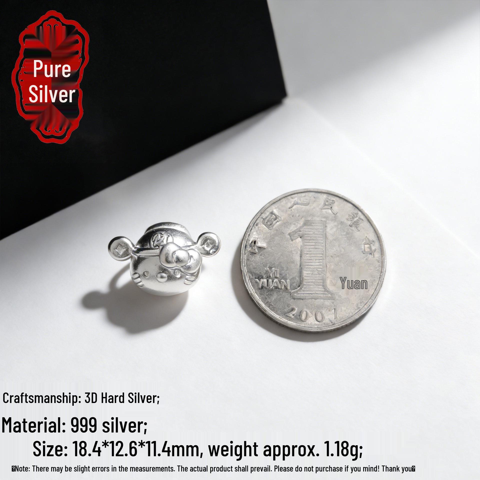 S999 Sterling Silver 3D Cat Bead Spacer Bracelet DIY Accessories - Pure Silver Loose Cartoon God of Wealth Beads 3D Hard Silver S999; Single Price