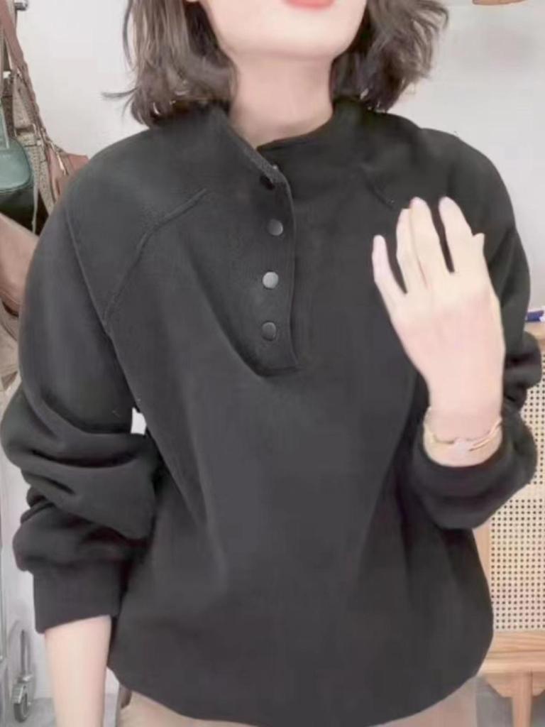 Women's 2025 Autumn/Winter Velvet Sweatshirt: Button Stand-Up Collar, Loose Fit, Plus Size, Fleece-Lined, Warm, Long-Sleeved Top