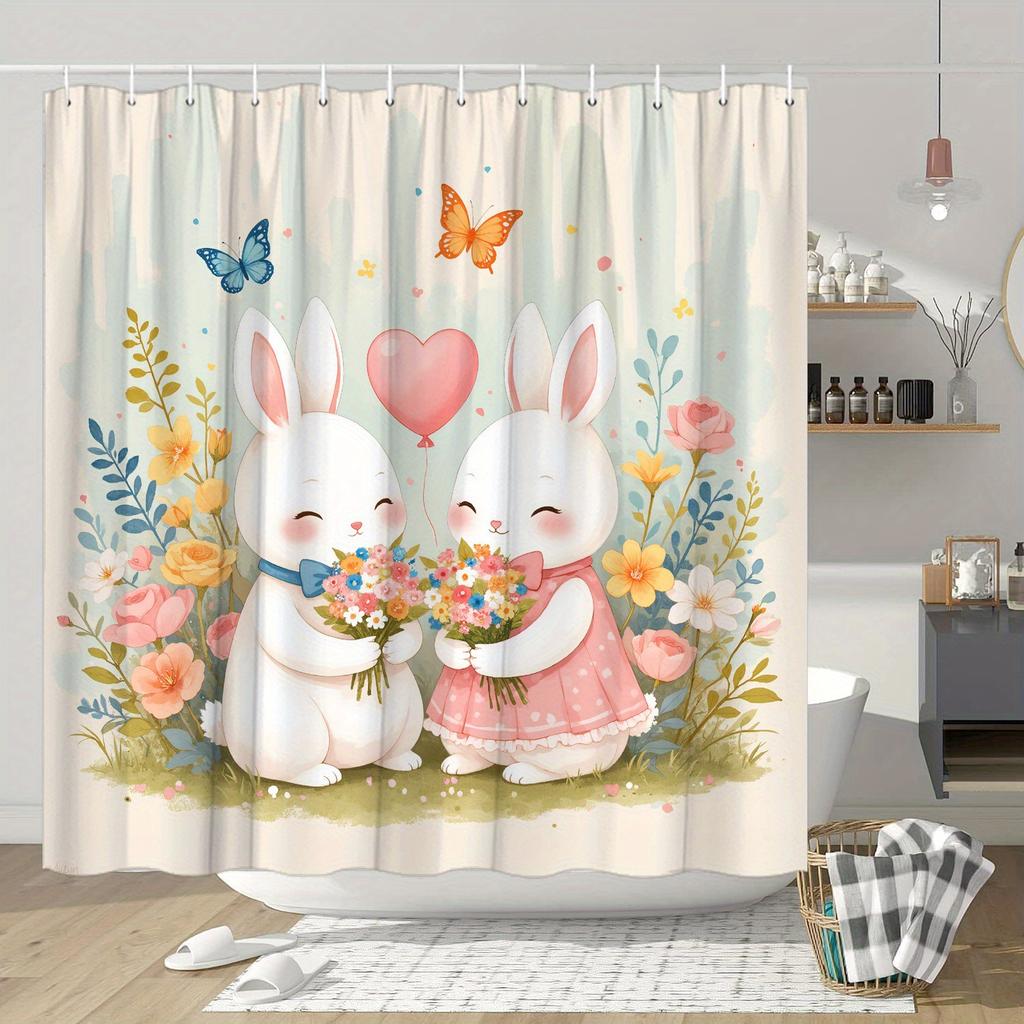 1pc Playful Rabbits Shower Curtain - Floral Bouquets, Polyester, 70.8x70.8", 12 Hooks, Washable, Modern Bath Decor