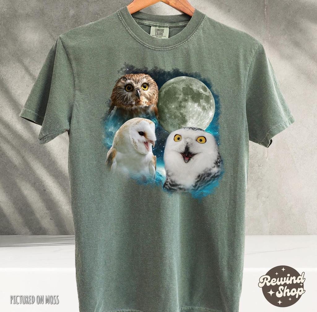 Vintage Three Owls Shirt, Funny Vintage Graphic Tshirts, Silly Owl Moon Shirt, Fun Nature Shirt, Weird Gifts, Washed Adult Tee, Joke Shirts