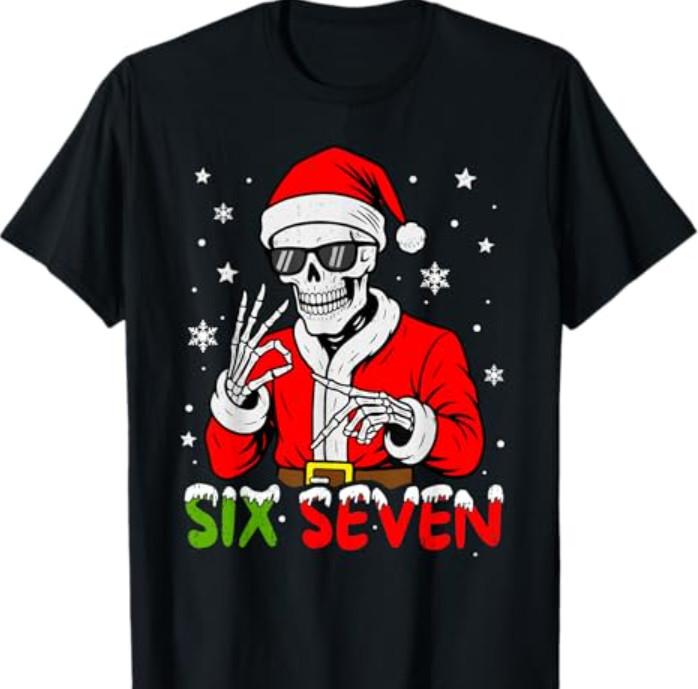 67 Meme Six Seven Skeleton Santa Funny Christmas Gen Z Slang T-Shirt S