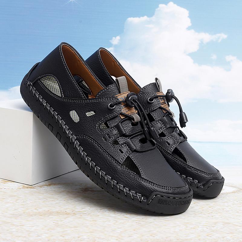 Summer Fashion Handmade Commute Casual Sandals Hand Sewn Classic Retro Style Outdoor Hollow Out Men Breathable Cool Leather Shoe
