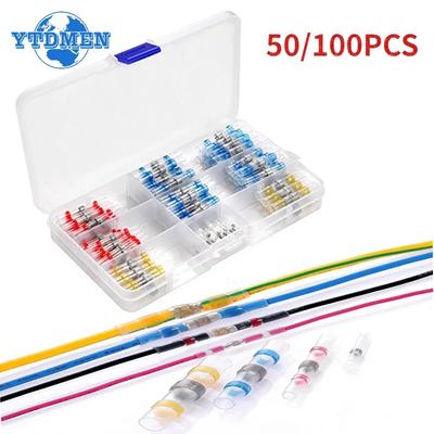50/100pcs Heat Shrink Butt Waterproof Solder Seal Wire Cable Splice Terminal Kit Crimp Terminals Connector Electrical, with Box