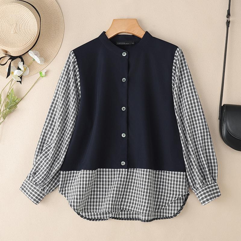 ZANZEA Damen Freizeit Rundhals Karomuster Patchwork Langarm Bluse