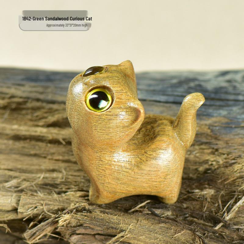 Mini Curious Cat Wooden Carving - Green and Black Sandalwood Handicraft Ornament