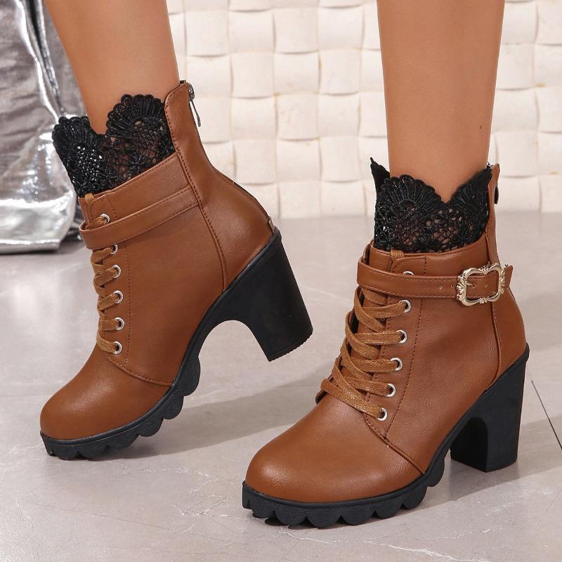 Autumn and winter fashion large size short boots Martin boots women's thick heel waterproof table lace lace 42 fashion boots