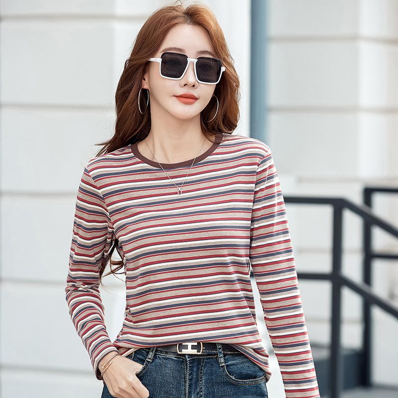 2024 Vår Ny Stripet Rund Hals Langermet T-skjorte Dame Undertopp