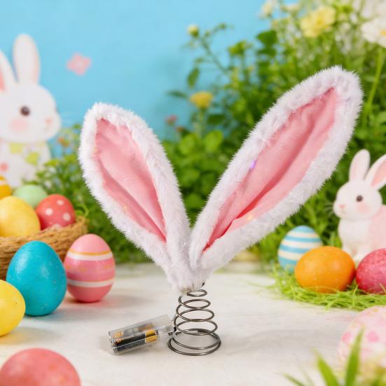 Easter Rabbit Ear Tree Topper with LED Light Plush Bunny Ears Christmas Tree Top Decoration with Metal Spring Easter Home Holiday Party Ornament