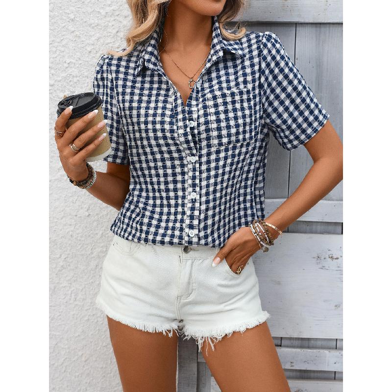 2026 Spring/Summer New Women's Loose Short-Sleeve Pocket Casual Plaid Shirt