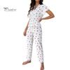 2 Pcs/Set Pajamas Suit Lace Splicing V Neck Short Sleeve Top Cherry Printing Homewear Outfit Casual Top Pants Sleepwear Set