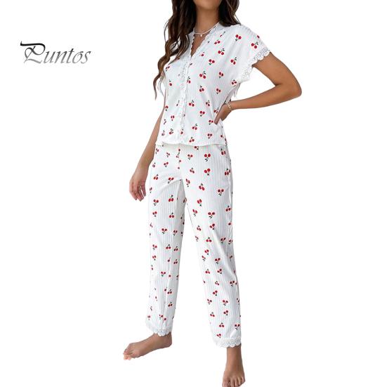 2 Pcs/Set Pajamas Suit Lace Splicing V Neck Short Sleeve Top Cherry Printing Homewear Outfit Casual Top Pants Sleepwear Set