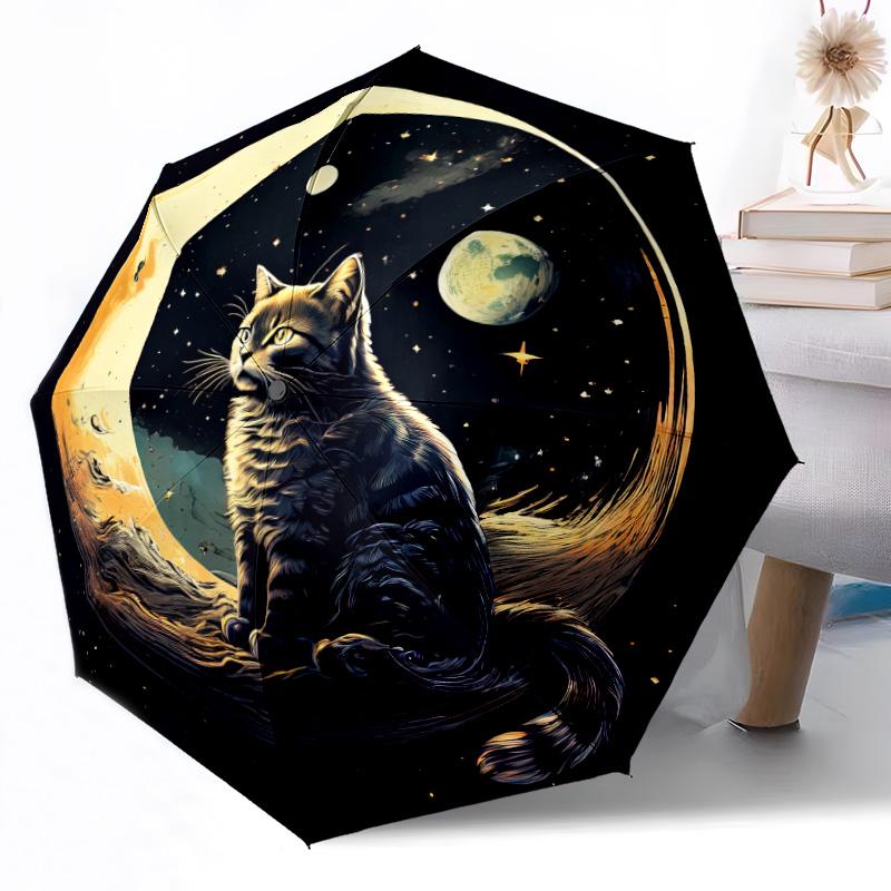 Mystische Schwarze Katze Mondsichel Automatischer Outdoor-Regenschirm Einziebares Design mit 8-Speichen-Haltbarkeit Leicht Perfektes Geschenk für Freunde Familie