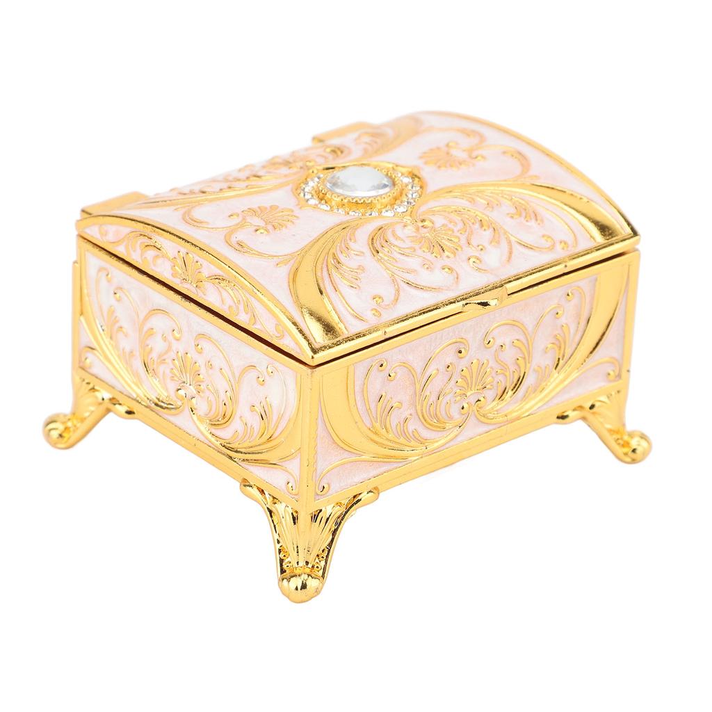 Vintage Enamel Trinket Organizer Rectangular Shape Velvet Lining Jewelry Storage Box for Girls Gold White