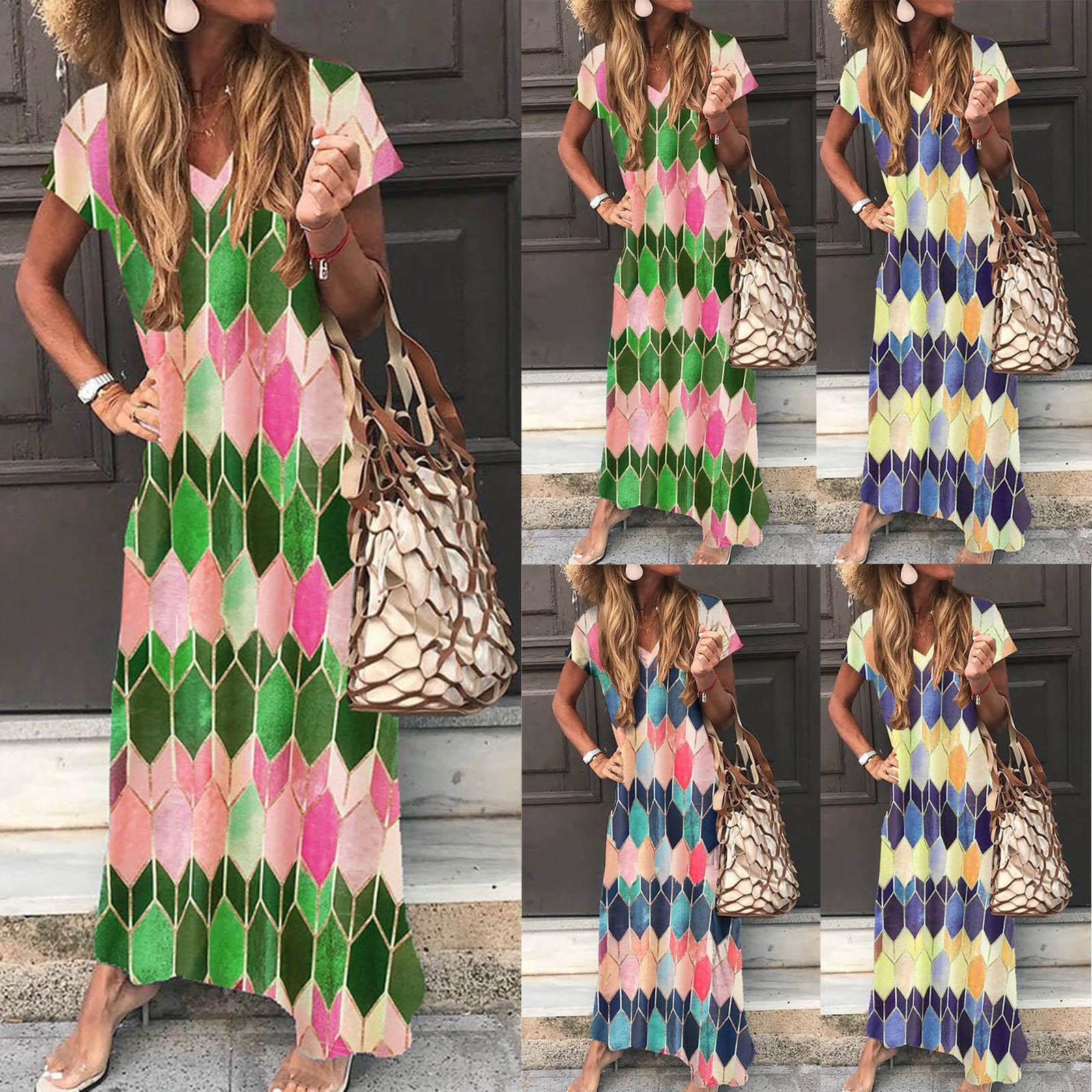 

Женское летнее модное винтажное длинное платье с v-образным вырезом и ромбовидным принтом