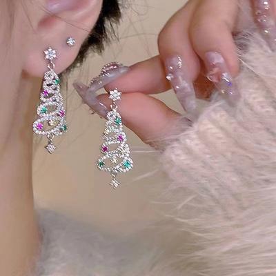 17KM 2PCS Color Micro Inlaid Zircon Christmas Tree Earrings, Exquisite and Premium Earrings, Autumn and Winter Earrings for Women Jewelry Accessories