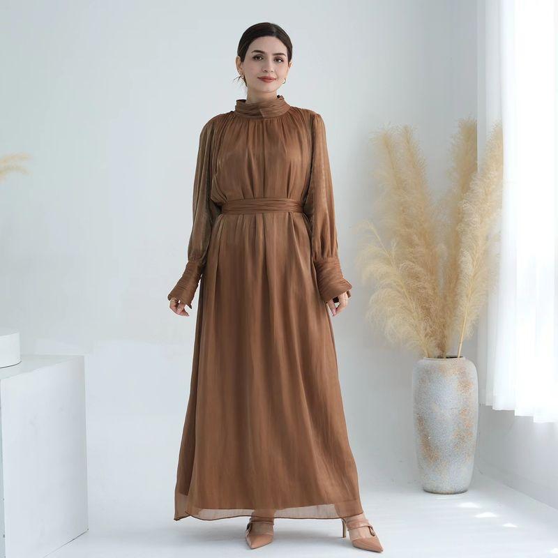 

Middle East Ethnic Style Turkey Dubai Pure Color Tied Dress Solid Color Lace up Dress Coffee L