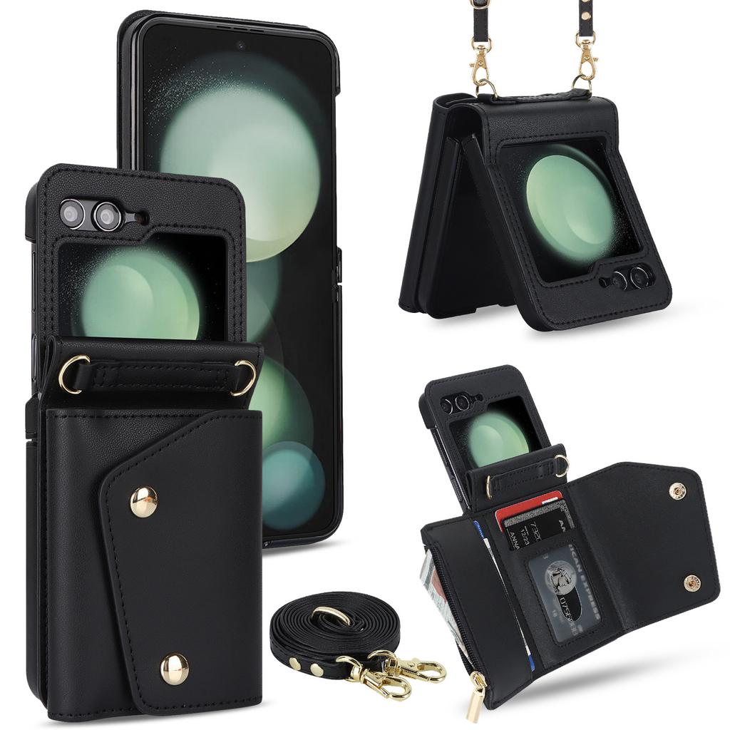 Applicable to Samsung Zflip5 double-buckle zipper messenger wallet case zflip4 niche multi-card all-inclusive anti-drop case in stock