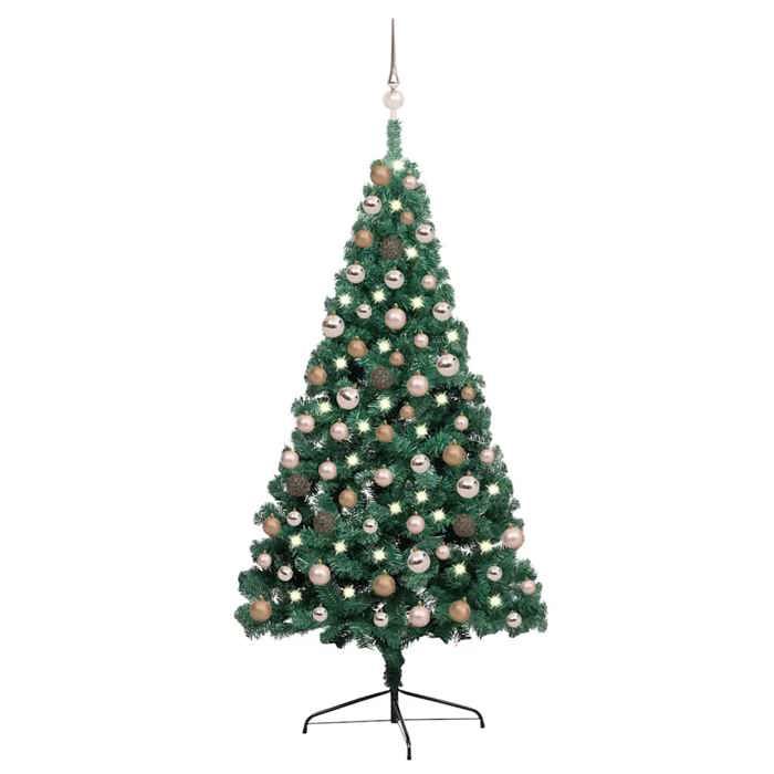 Maison Exclusive - Demi-arbre de Noël artificiel pré-éclairé et boules vert 150 cm