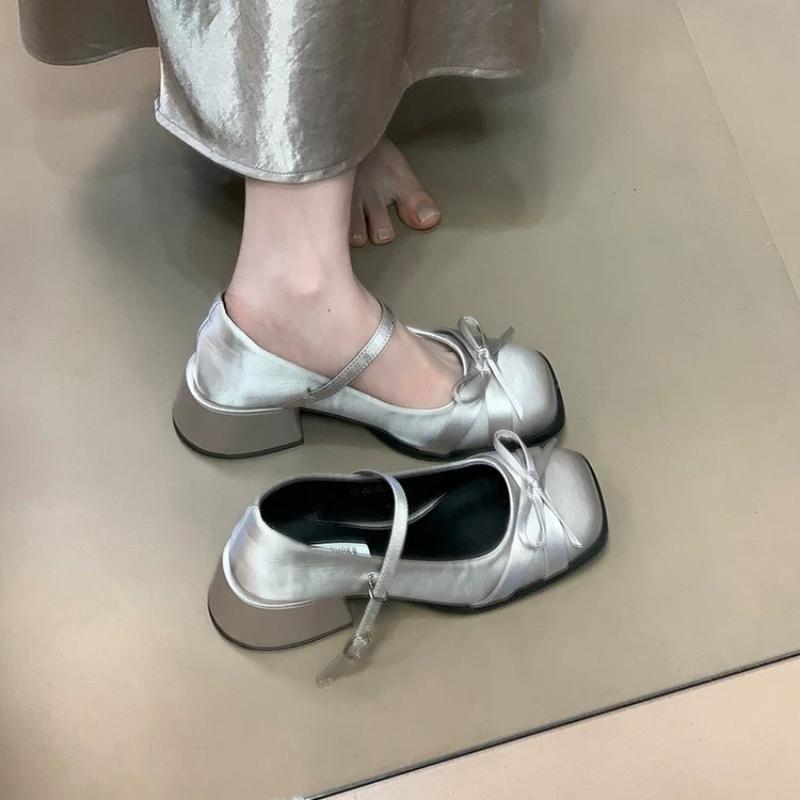 Women Shoes 2025 Spring Mary Jane Fashion Butterfly-knot Square Toe Satin Women's High Heels Buckle Elegant Pumps Shoe Wedding