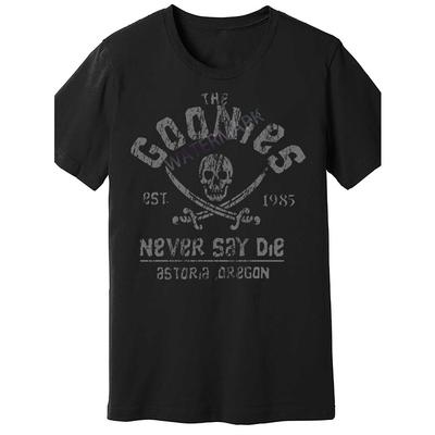 Europäische Größen Vintage Schwarz Goonies Übergröße T-Shirt mit verwittertem Totenkopf und Schwertern Grafik