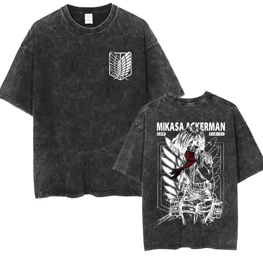 Attack on Titan Retro Gewassen Oversized Y2k T-shirt Dames Heren Mikasa Ackerman Eren Jaeger Wings of Freedom Katoenen Kleding