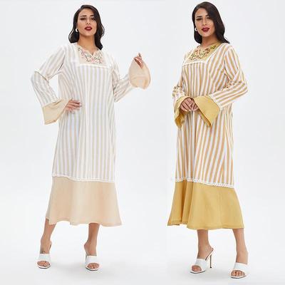Muslim Embroidered Casual Loose Waist Long Dress - Plus Size Dubai Robe