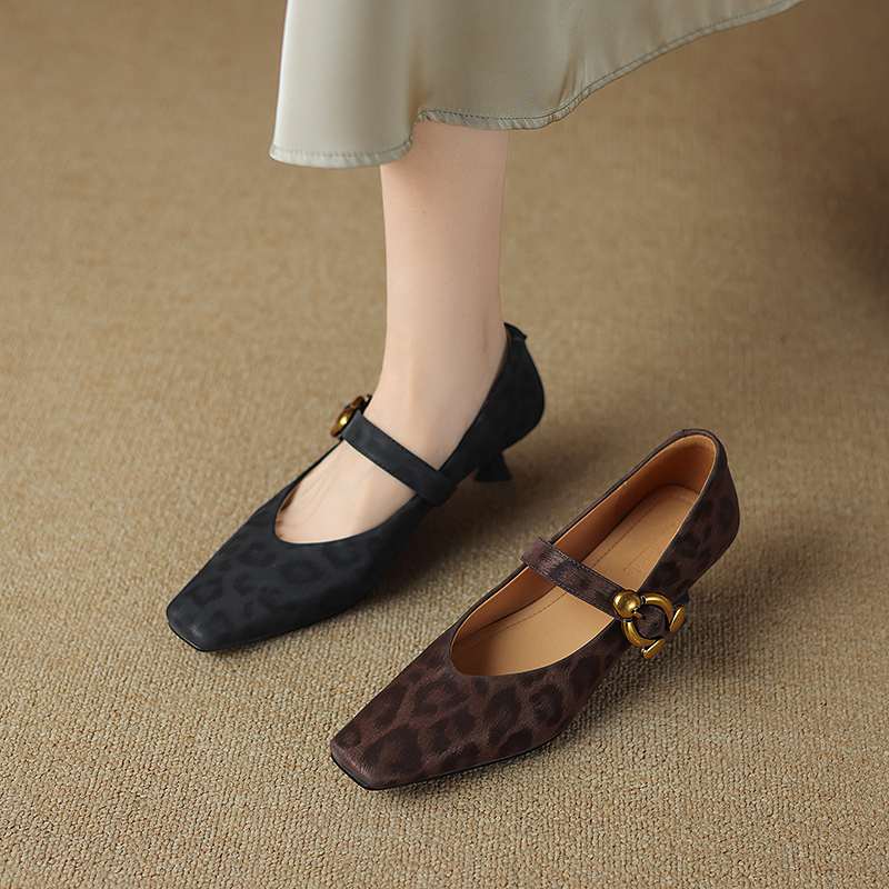 Krazing Pot Sheep Skin Summer Spring Autumn Stiletto Med Heels Leopard Women Square Toe Metal Decoration Shallow Pumps