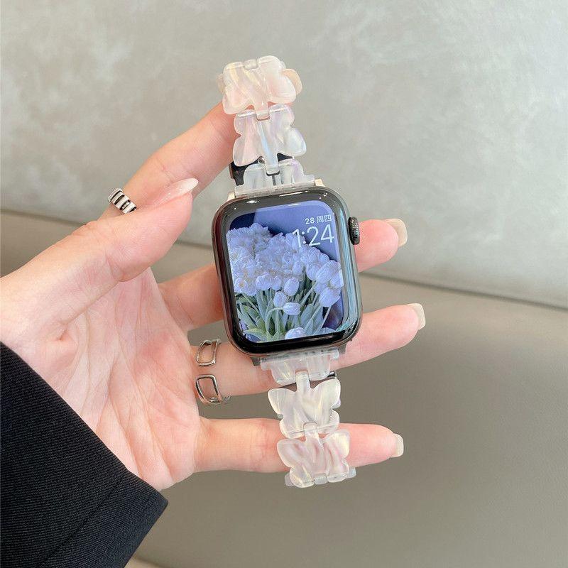 Butterfly Resin Strap for Apple Watch S10-Elastic Retractable Resin Watch Band Female Bracelet for iWatch10/9/8/7/6/5/4/3/2/1/Se/Ultra/Ultra2 42mm