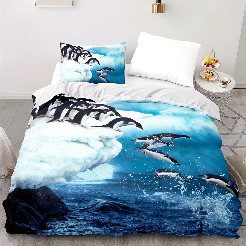 Fun Penguin Duvet Set Cartoon Penguin Children'S Bedding Set Cute Polar Animal Three-Piece Set