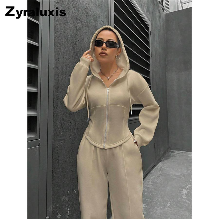 Fall Winter Women's Hoodie Cardigan Slim Fit Sweatpants Casual Wide Leg Set