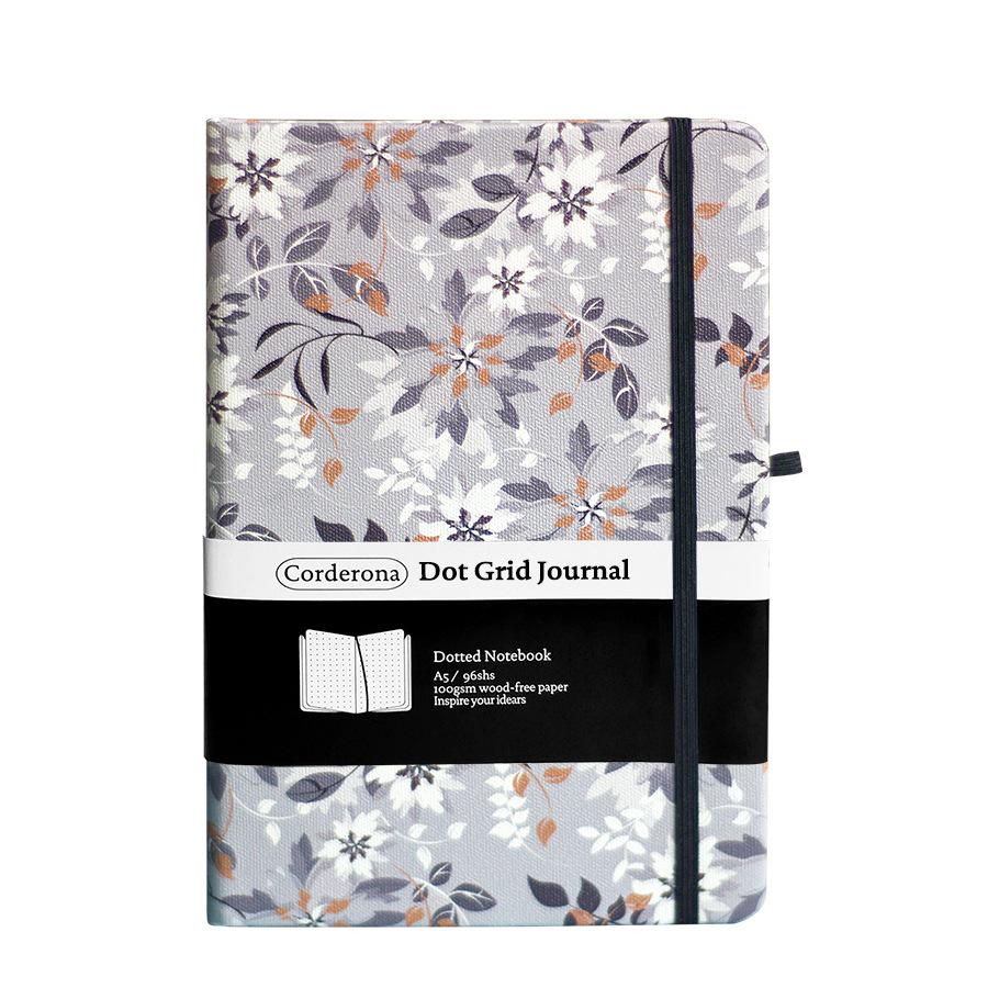 A5 Grey Floral Bullet Journal with Elastic Band & Pocket - Dot Grid & Lined Notebook Planner, Hardcover