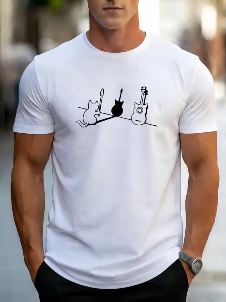 Men's Quick Dry Breathable Cat & Guitar Print T Shirt Suitable for Music Lovers, Outdoor Training, Gym & Casual Wear, Summer Short Sleeve Crew Neck Te