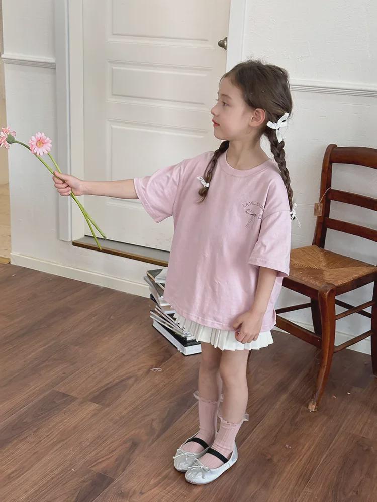 Lockeres T-Shirt-Kleid im koreanischen Stil für Mädchen mit Schleife auf der Rückseite – kurzärmlige Sommerkleidung, mittlere Größe
