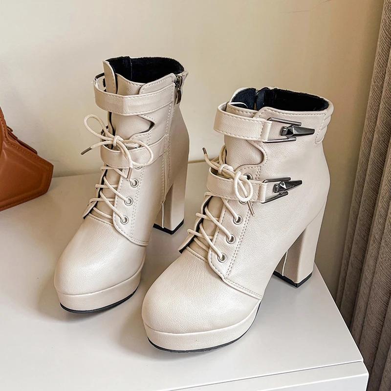 Mode Damen Schuhe Mode Seitlicher Reißverschluss Klobiger Absatz Stiefeletten für Damen Plateau Schuhe Kleid Lässig Damen High Heel Stiefel