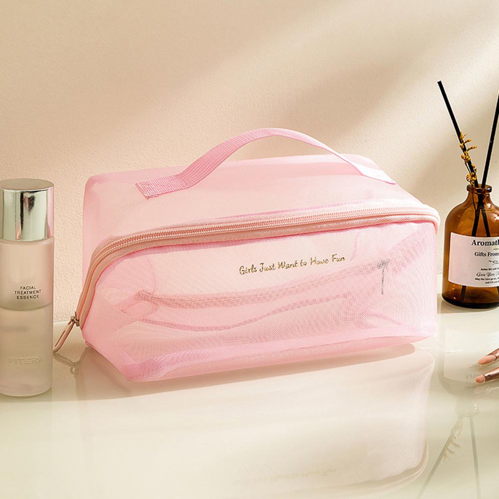 Woman Mesh Makeup Bag Protable Travel Storage Tote Bag Large Capacity Zipper Pouches Transparent Shower Bag With Handle