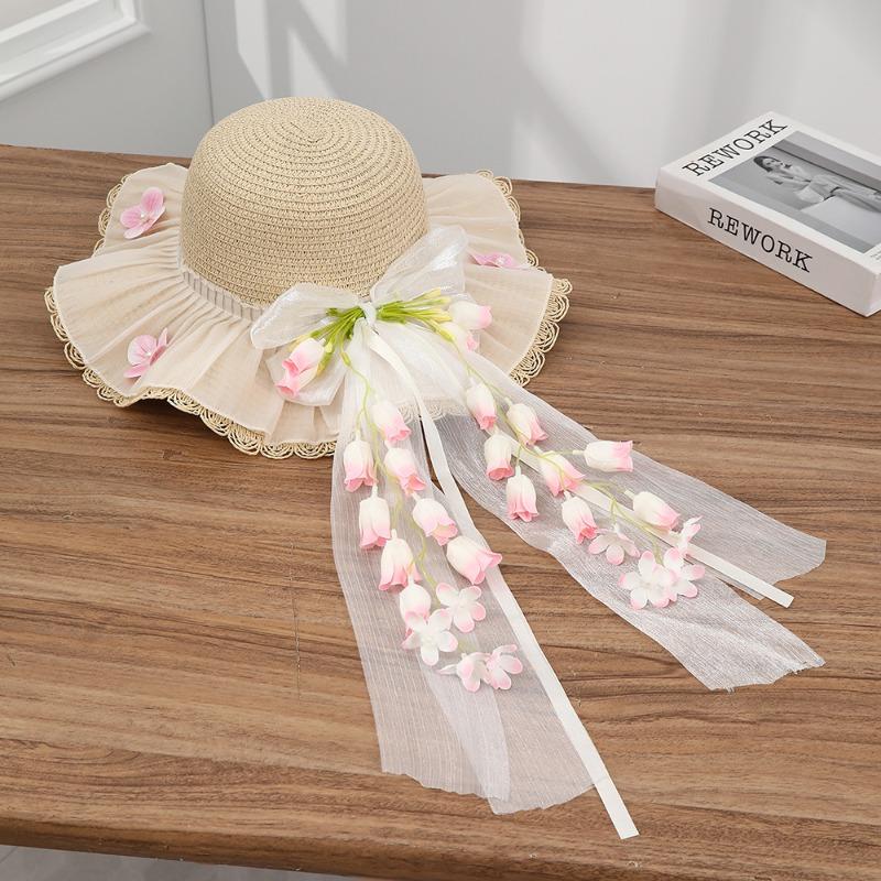 Summer Bow Sun Hat Female, Seaside Beach Vacation Sun Hat Outdoor Big Brim Sun Hat Sweet Straw Hat