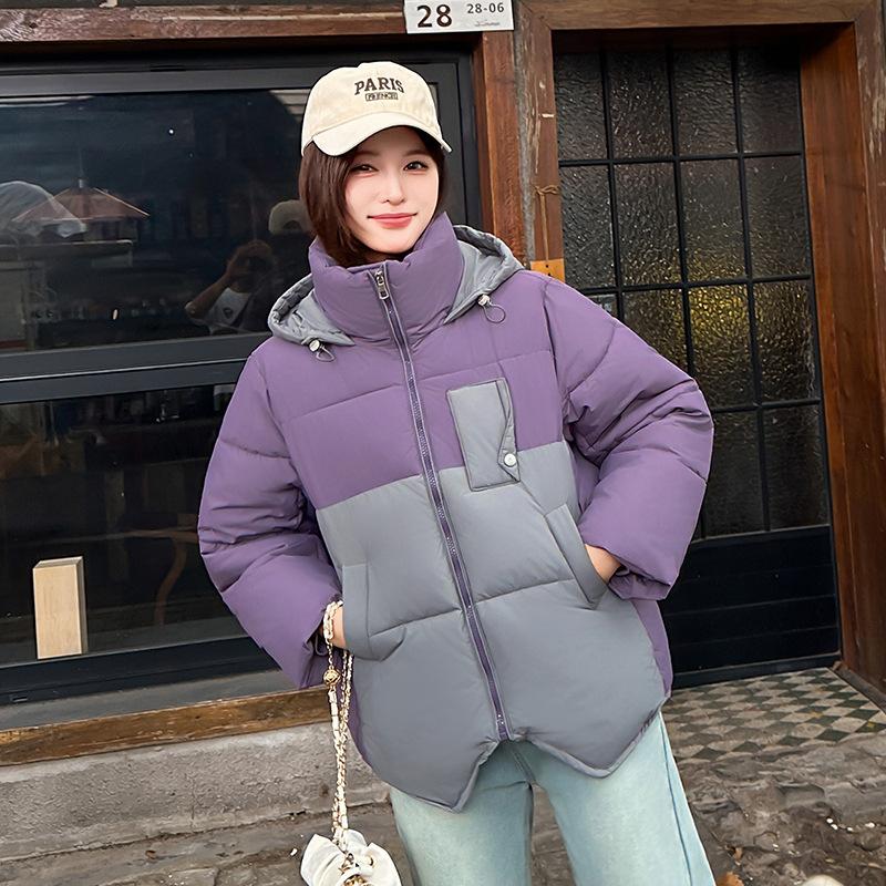 Colorblock Hooded College-style Short Cotton-padded Coat Basic Jacket