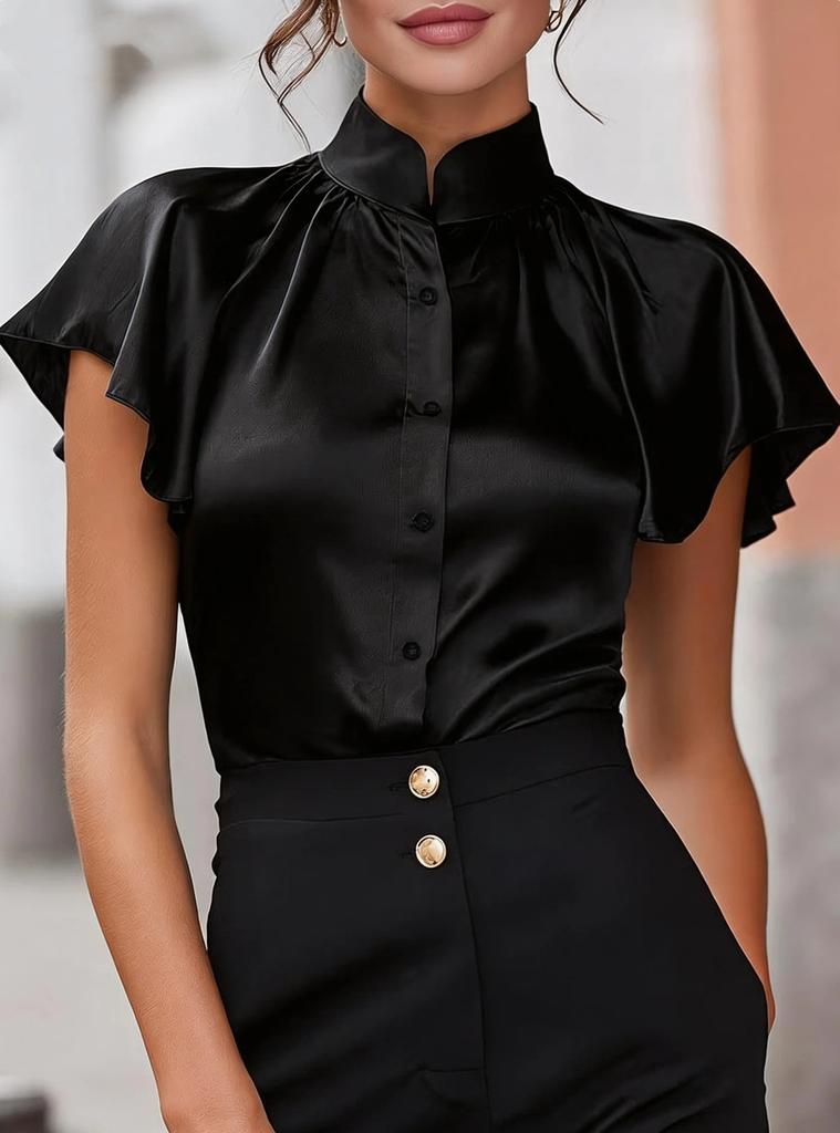 Womens Satin Stand Collar Ruffle Short Sleeve Blouse