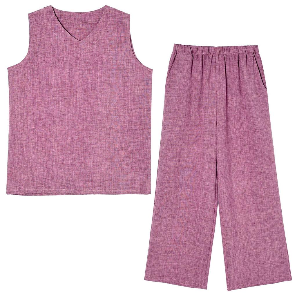 Set Pigiama Estivo Senza Maniche Taglie Forti da Donna – Elegante Pantalone a Gamba Larga Monocolore per Madri di Mezza Età