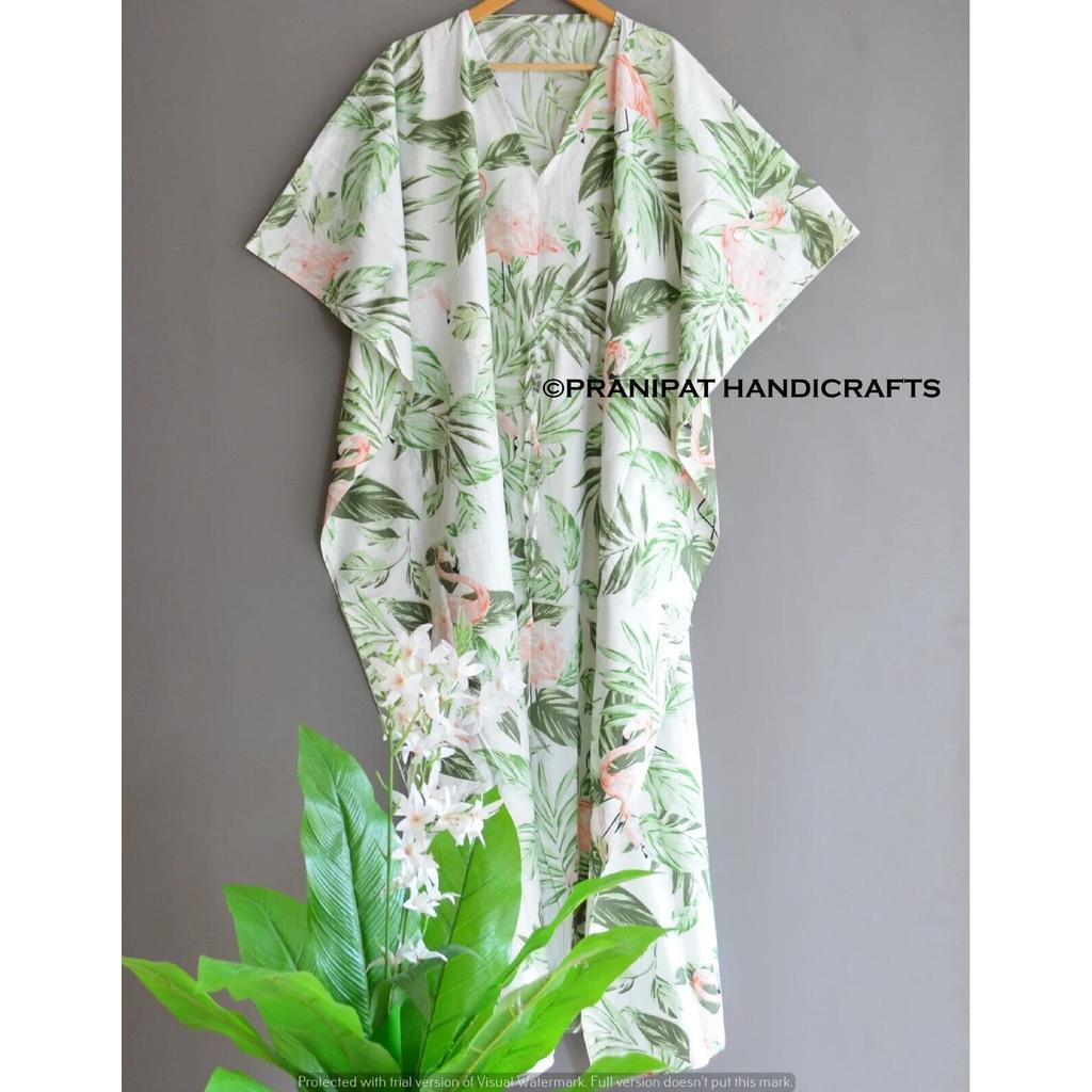 Damen Hippie Baumwolle Sommer Nachtwäsche Flamingo Print Weiß Langes Maxi Kaftan Kleid CKFTN-SCRN-FULL-BUYIT-095
