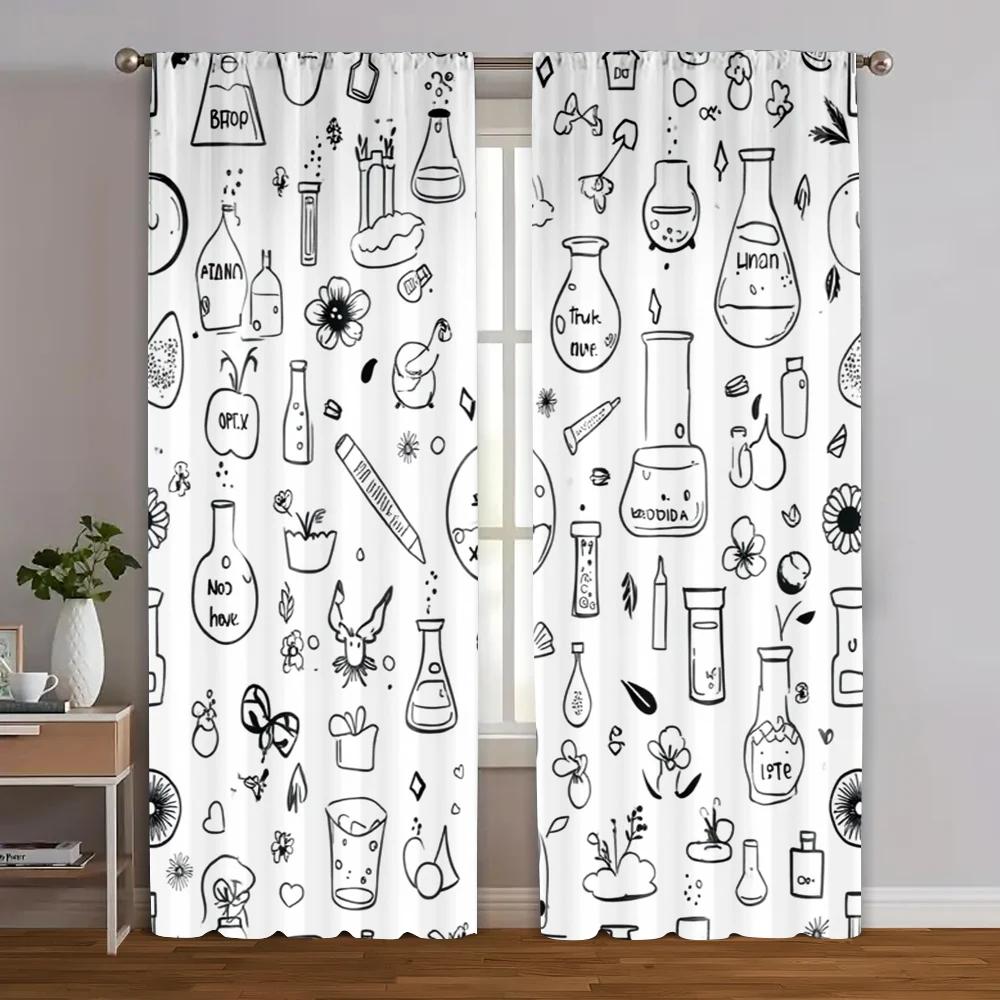 2Pcs, Contemporary Curtains Black And White Floral Pattern Machine Washable (Without Rod) Thermal Insulation, And Room Darkening