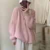 Retro gentle wind knitted cardigan top women's autumn and winter new solid color V-neck loose lazy sweater jacket