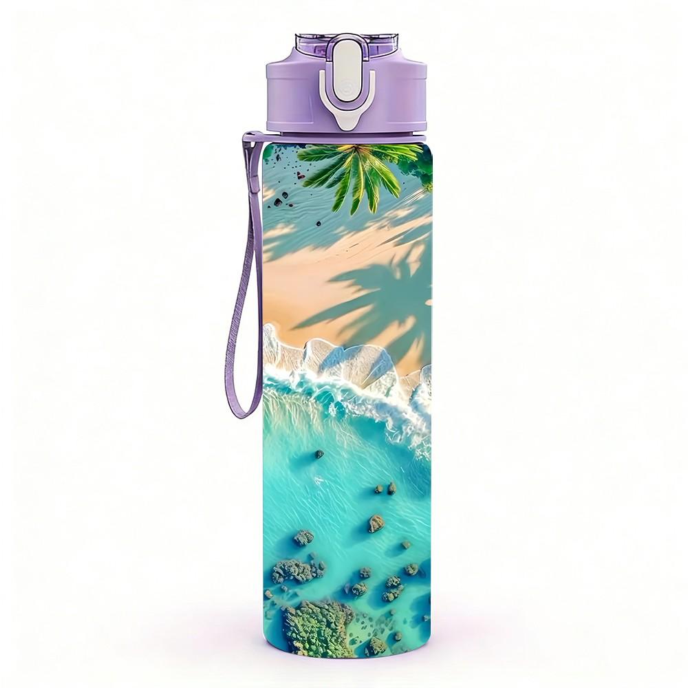 1PC Tropical Beach Ocean Lagoon Scenery Painting 750ml Color Plastic Sports Water Bottle Leakproof Flip Straw Lid Suitable for Sports Office Home Use