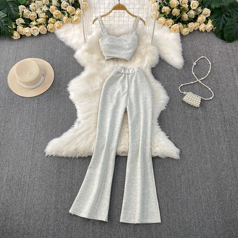

2025 Summer New Gray V-neck With Chest Pad Short Cami + High Waist Slimming Trumpet pants Two-piece Suit Light gray Two-piece set One size