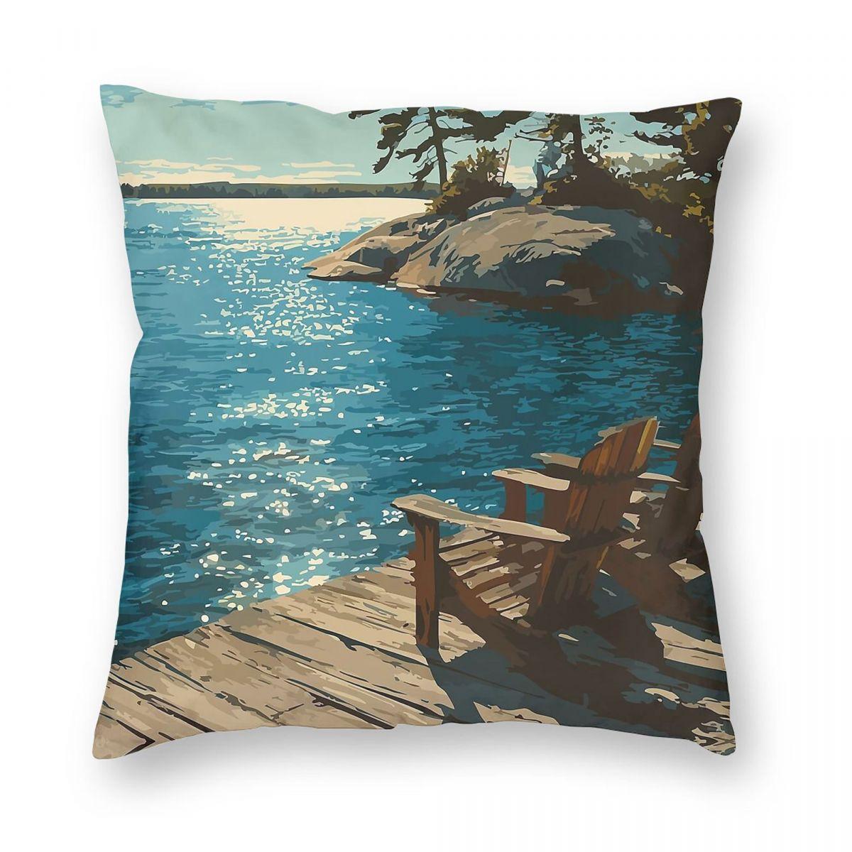 Muskoka Ontario Lakeside Dock Pillowcase Polyester Linen Velvet Printed Zip Decor Sofa Cushion Cover Peach skin 18*18(CM)-1Pcs
