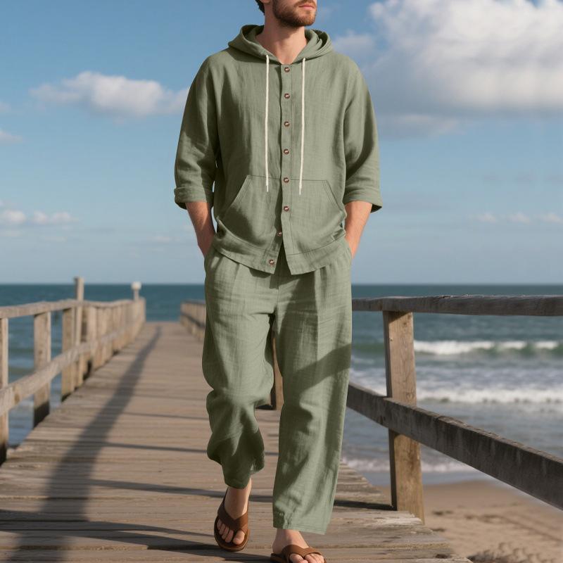 Men's Spring Casual Linen Beach Hooded Shirt Long-sleeved Trousers Suit