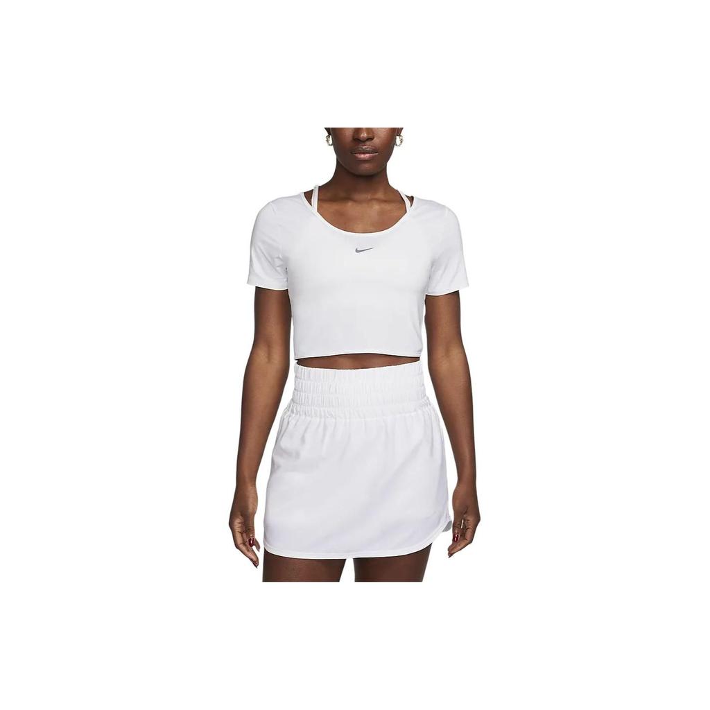 Nike One Classic Solid Color Round Neck Hollow Design Short Sleeve T-Shirt Women Tops White FN2852-100