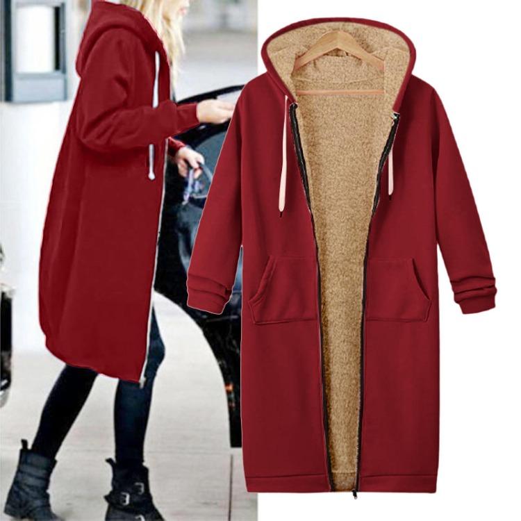

Hooded Fleece Sweatshirt Long Coat Jacket Women Zipper Open Tops Outwear S красный